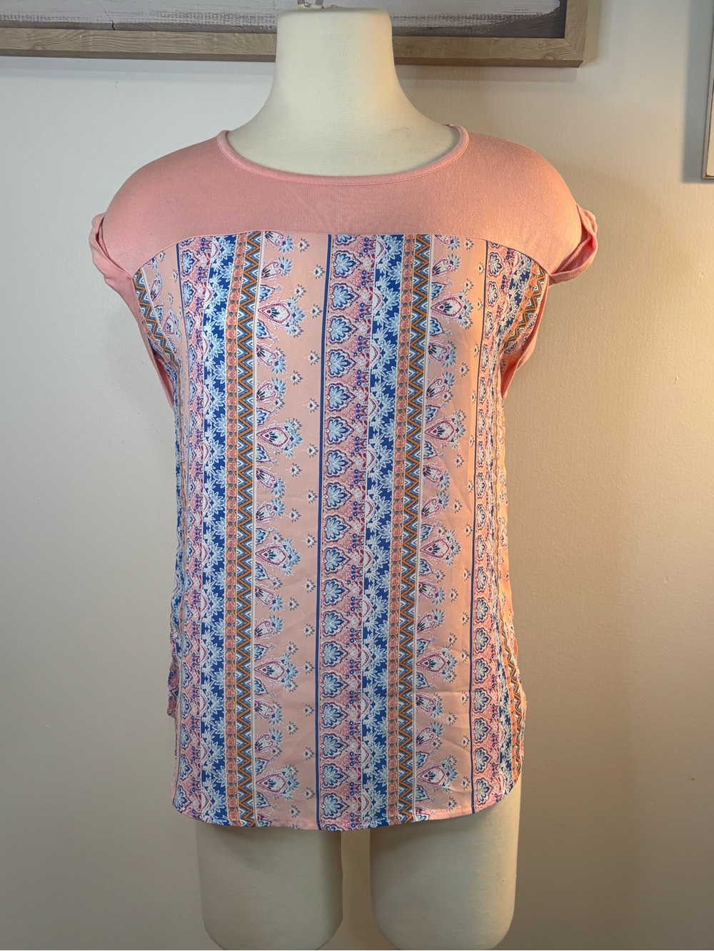 Pink Rose Pink and Blue Patterned Short Sleeve Top